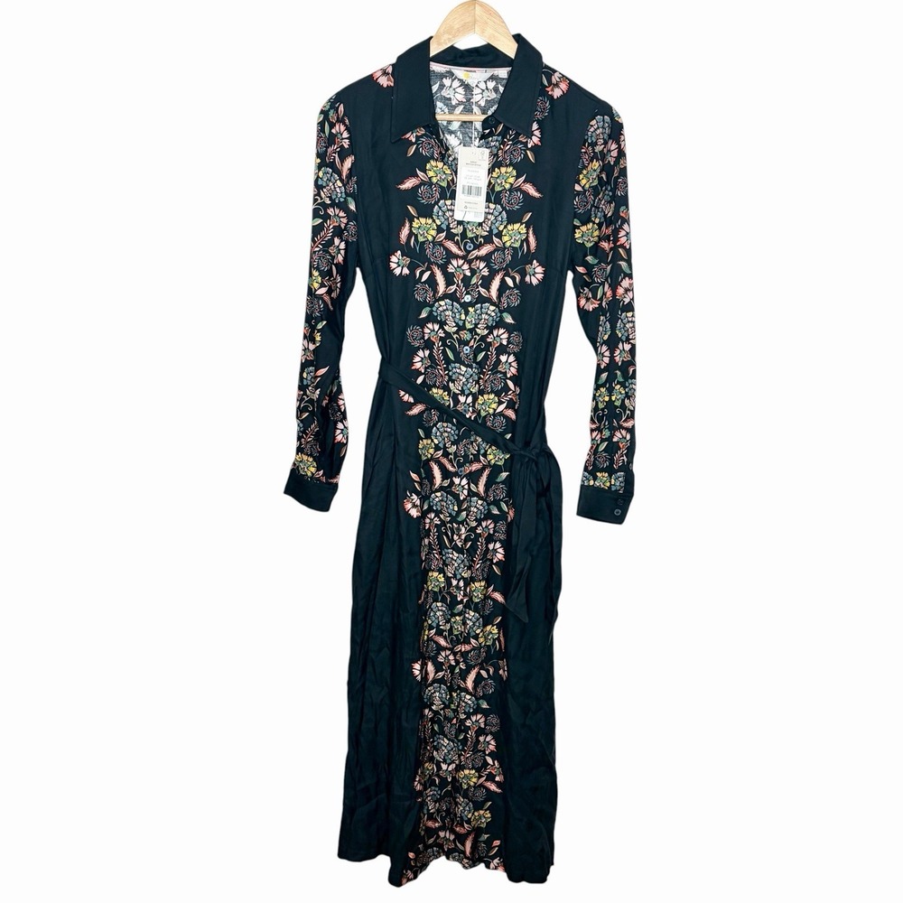 Boden Midi Shirt Dress Black Floral Womens US 8 Artsy Colorful Boho Retro Mod
